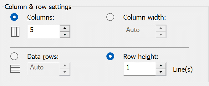 Insert Table Dialog Box Column Row Setting - AutoCAD Table