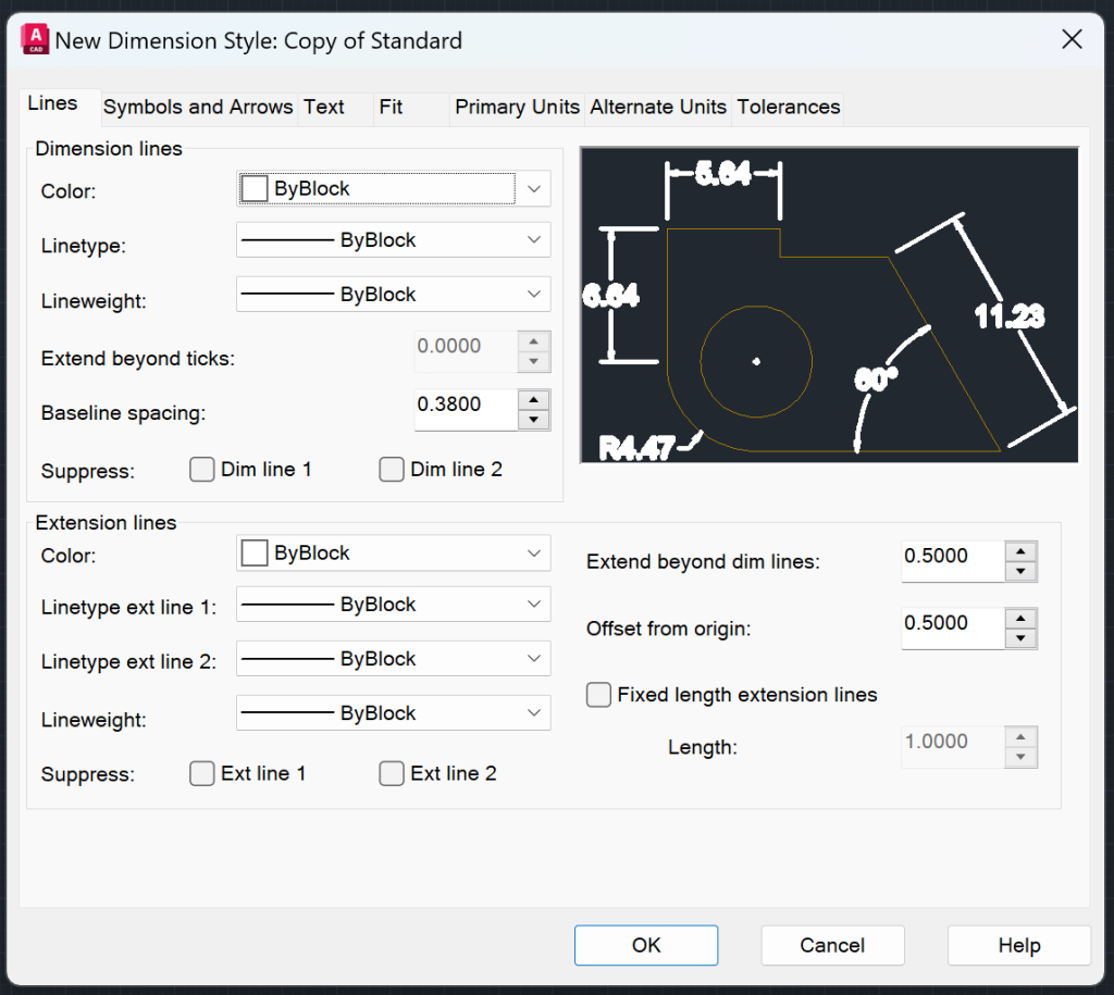 AutoCAD Dimension Style Manager - Lines