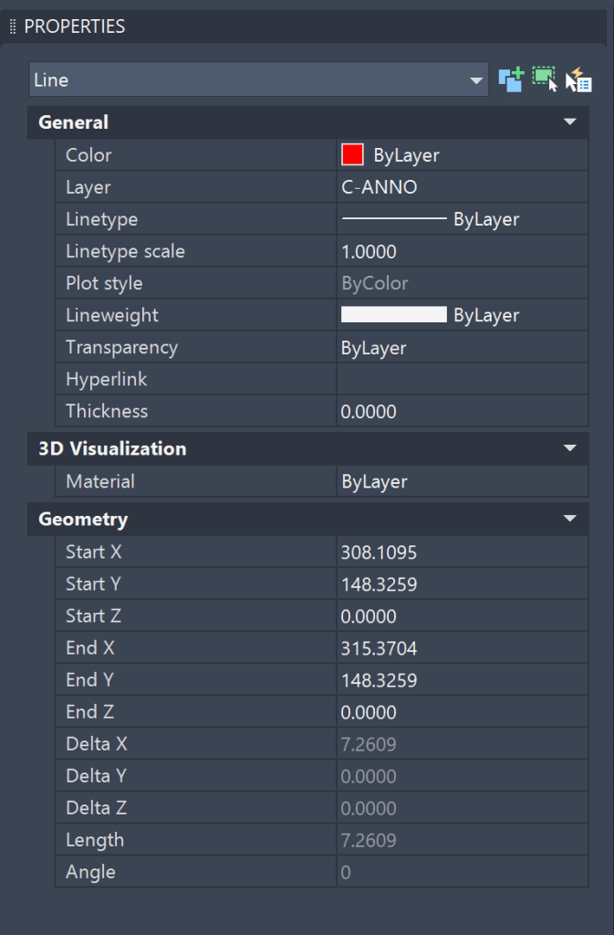 AutoCAD Properties Palette for Line