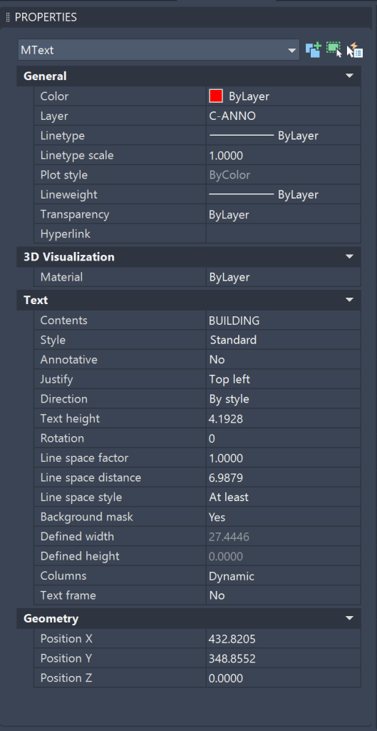 Properties Palette for MText