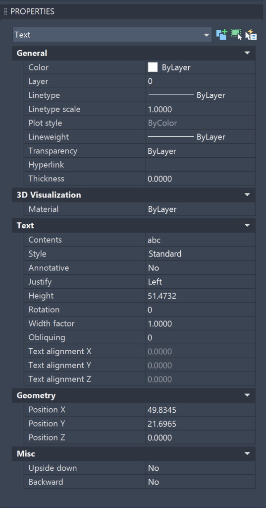 AutoCAD Properties Palette for Text